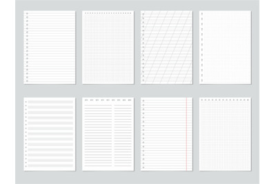 Realistic notebook blank lined and gridded paper sheets. Blank notepad