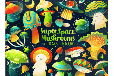 Watercolor Super Space Mushrooms Clipart