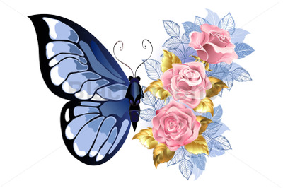 Blue Butterfly with Roses