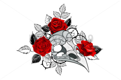Bird Skull with Red Roses