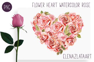 Heart Watercolor pink rose. Valentine&#039;s day clipart