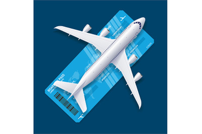 Airplane over Ticket Travel Concept Card. Vector