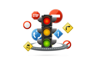 Realistic Detailed 3d Traffic Light Illuminated Concept. Vector