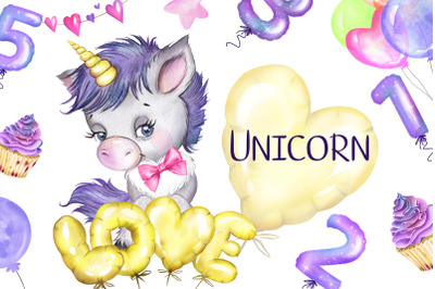 Unicorn watercolor clipart, baby shower clipart, baby birthday
