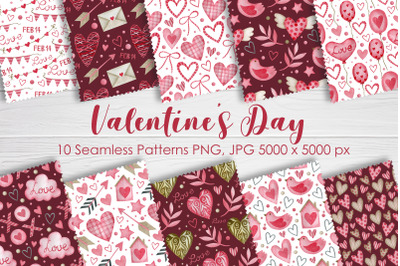 Watercolor valentines day seamless patterns.