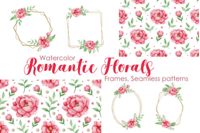 Watercolor romantic florals frames, seamless patterns.