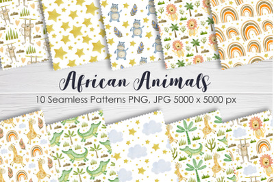 Watercolor african animals seamless patterns
