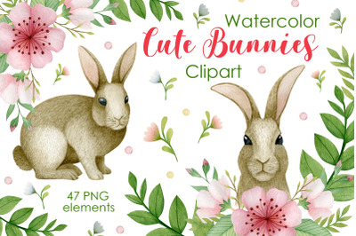 Watercolor cute bunnies clipart. Easter.