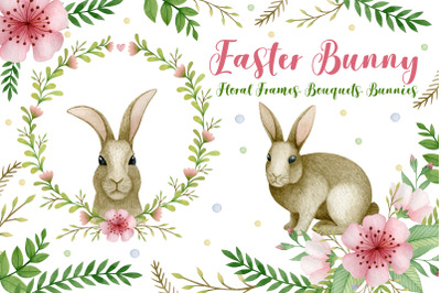 Easter Bunny. Floral frames. Bouquets.