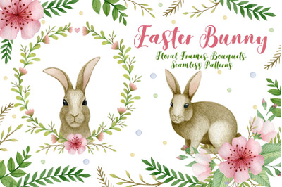 Watercolor easter bunny. Floral frames. Bouquets. Seamless patterns.