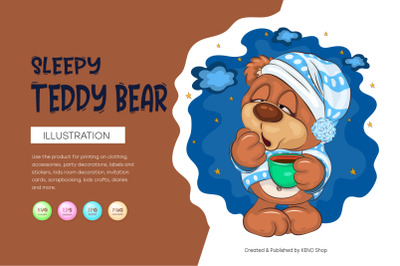 Sleepy Cartoon Teddy Bear. T-Shirt, PNG, SVG.