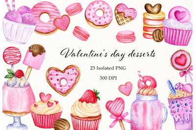 Valentine&#039;s day desserts watercolor clipart.  Sweets, cupcakes PNG