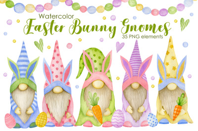 Watercolor easter bunny gnomes.