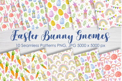 Easter bunny gnomes seamless patterns.