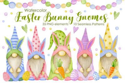 Watercolor easter bunny gnomes collection.