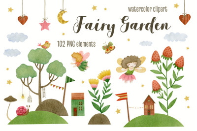 Watercolor fairy garden clipart