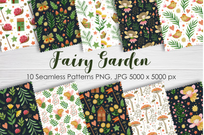 Watercolor fairy garden seamless patterns.