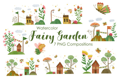 Watercolor fairy garden compositions.
