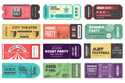 Entertainment tickets. Event cardboard labels cinema theatre kids play