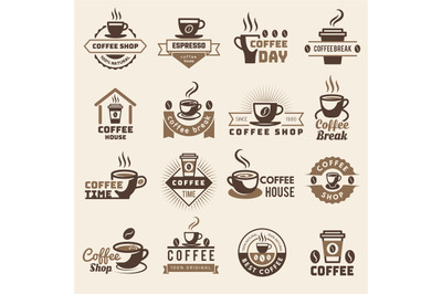 Coffee badges. Kitchen logo for hot drinks fresh liquid products mugs