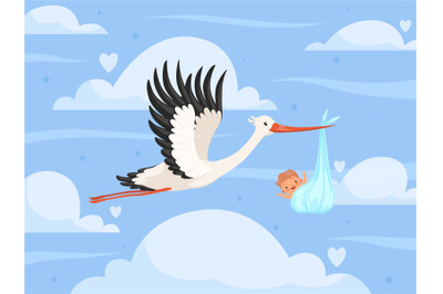 Stork with baby in clouds. New born little kids toddler birth stork de