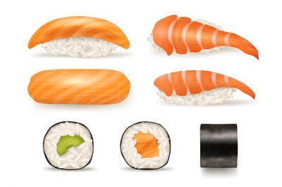 Sushi realistic. Different japanese food from fish sushi seaweed rolls