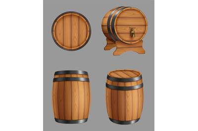 Wooden barrels. Containers for alcohol liquids beer or old wine cork b