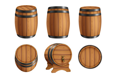 Barrels alcohol. Front and top view of wooden barrels with rum bar con