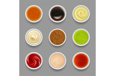 Set sauces. Liquid syrup in round bowls top view mustard tomato ketchu