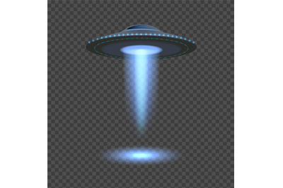 Blue ufo lights. Aliens spaceship spotlight, 3d space object isolated