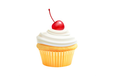 Cream cupcake. Realistic biscuit, cake with cherry. Isolated sweety fo