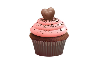 Cupcake with choco heart. Isolated muffin, chocolate bake dessert. Swe