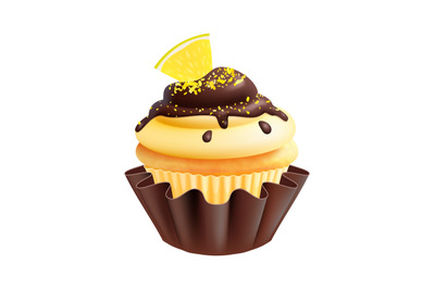 Lemon cake. Isolated realistic cupcake with lemons slice and choco gla