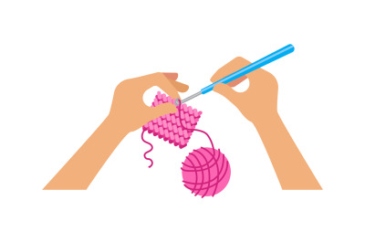 People crochet. Hands holding hook, hand made workshop or online tutor