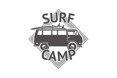 Recreation surf camp badge. Surfing club, sport camping or zone label.