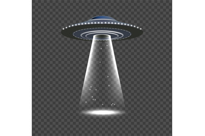 UFO invasion. Alien spaceship, realistic space object with rays. Flyin