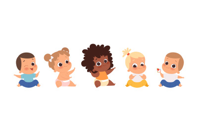 Baby group, multiethnic babies sitting. Isolated cartoon cute toddlers