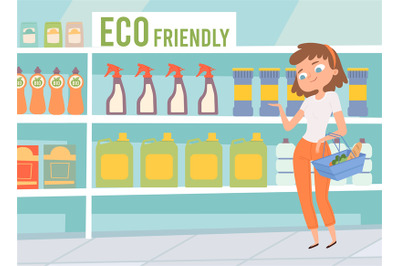Eco friendly cleaners. Women choose cleaning products in supermarket.