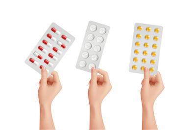 Hand hold medications. Realistic pills pack, painkillers or aspirin ta