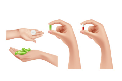 Painkillers in hands. Medications, hand holding pills or drugs capsule