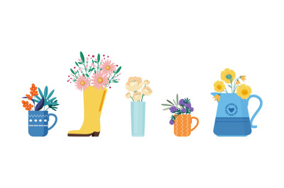 Spring floral bouquets. Summer flowers in rain boot, kettle cups. Beau