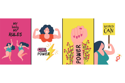 Women posters. Strong woman, girl power covers or cards. Female charac