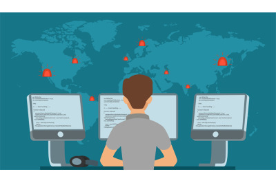 Worldwide hacker attack. Phishing or hacks, cyber crime. Programmer pr
