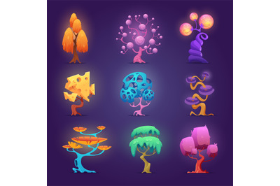 Fairytale plants. Magic tree glowing effects fantasy gardening symbols