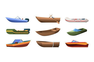 Boats types. Wooden ships for ocean or marine sail garish vector trans