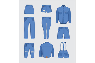 Jeans clothes. Denim fabric casual jackets and pants for male and fema
