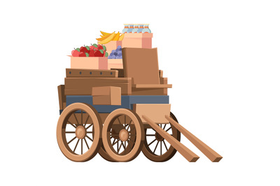 Wooden wagon with products. Old style carriage farm vehicles with big