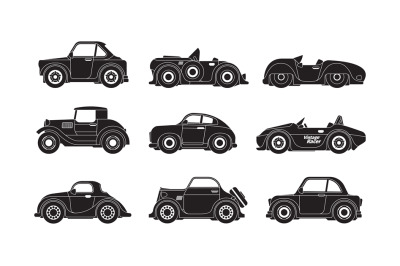 Retro cars silhouettes. Historical vintage urban transport garish vect