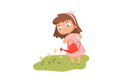 Girl watering flowers. Baby with watering can cares for garden. Isolat