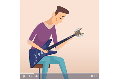 Musician tv show. Live stream, guy teaching guitar playing. Blogger or
